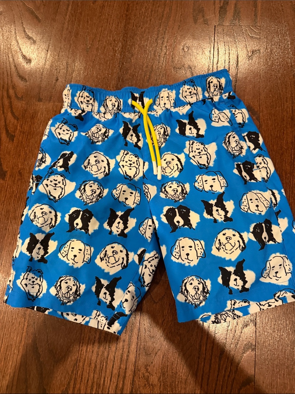 Kids Blue Dog Print Swim Trunks with Yellow Drawstring